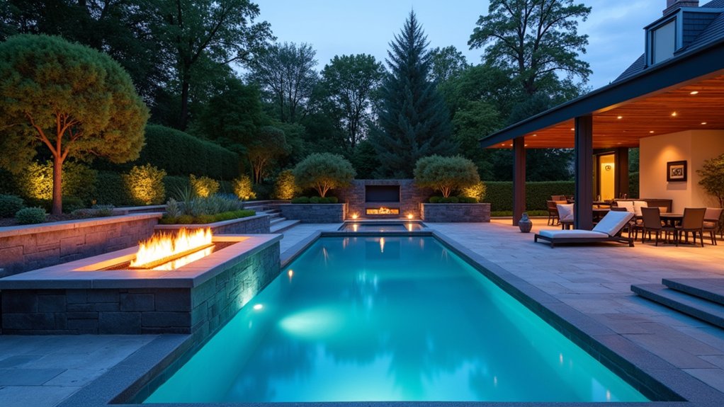 23 Fiberglass Pool Design Ideas That Are Built to Impress cozy poolside fire pit