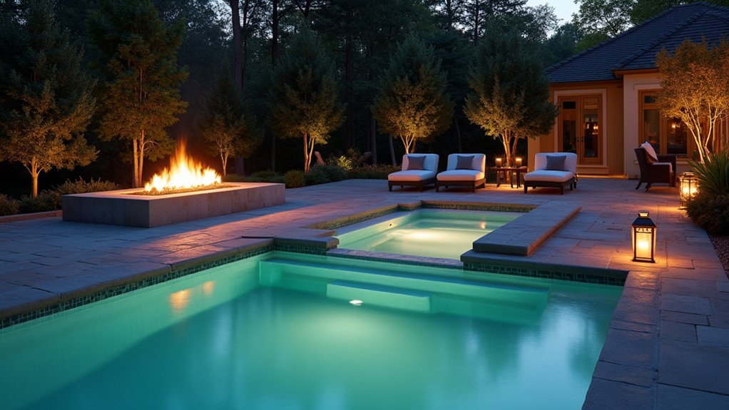 18 Pool Ideas With Hot Tub Features for Total Relaxation cozy poolside fire retreat