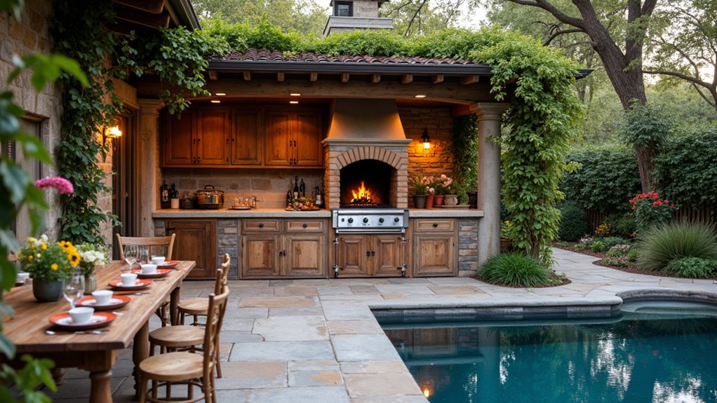 23 Cozy Rustic Pool Landscaping Ideas That Feel Warm and Inviting cozy rustic outdoor kitchen