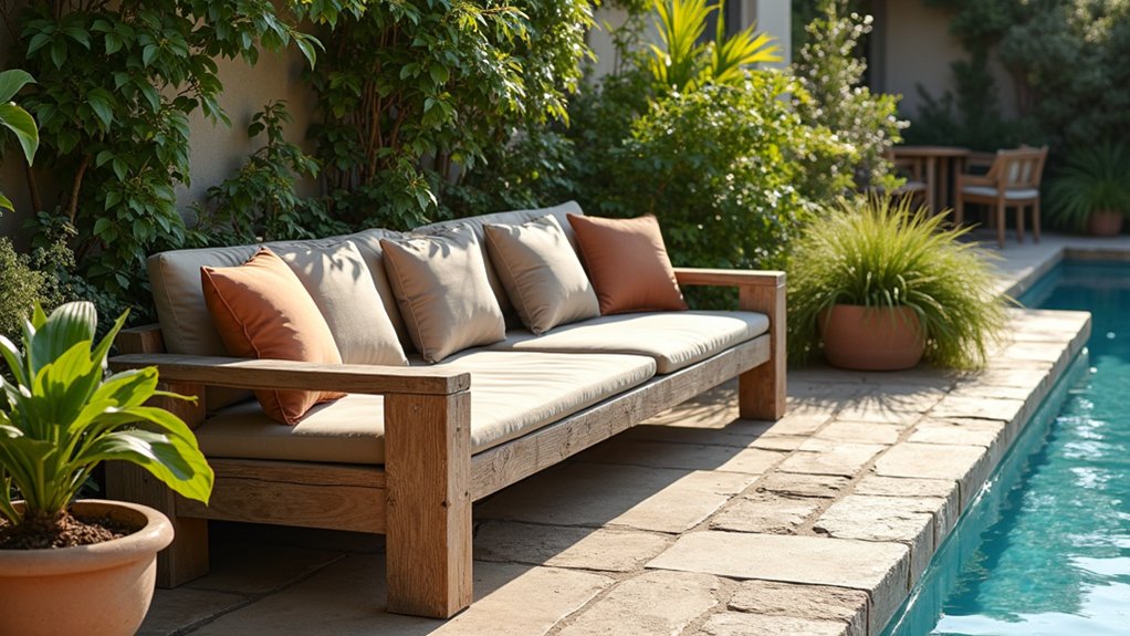 17 Fresh Pool Deck Furniture Ideas to Complete Your Outdoor Setup cozy rustic wooden benches