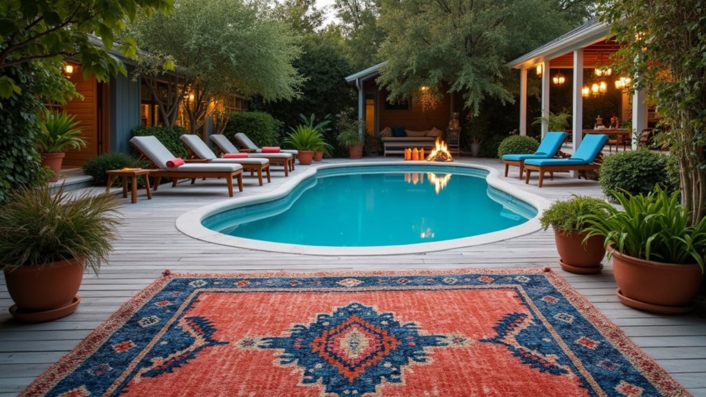 21 Creative Cheap Pool Deck Ideas That Still Shine cozy vibrant weather resistant rugs