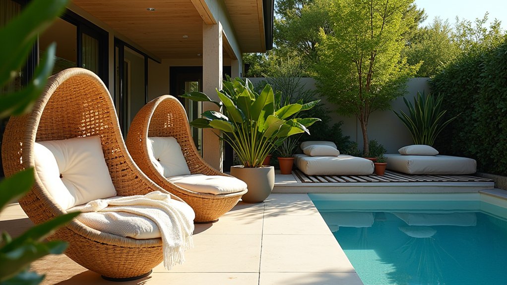 23 Cozy Pool Deck Decorating Ideas With Seating Areas for Relaxation cozy wicker egg chairs