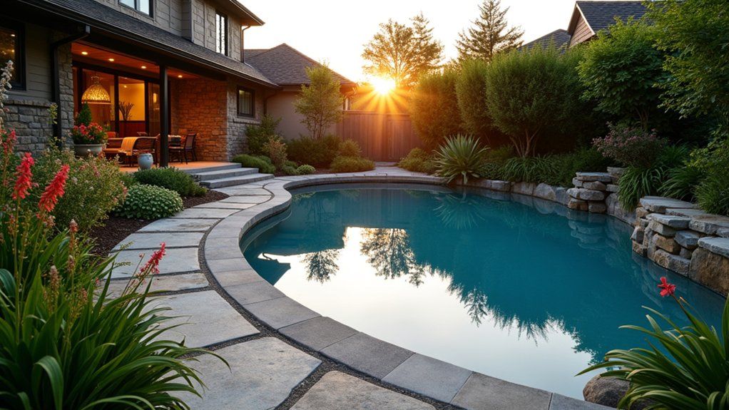 23 Functional Fiberglass Pool Landscape Ideas That Complement the Shape curved pathways enhance relaxation