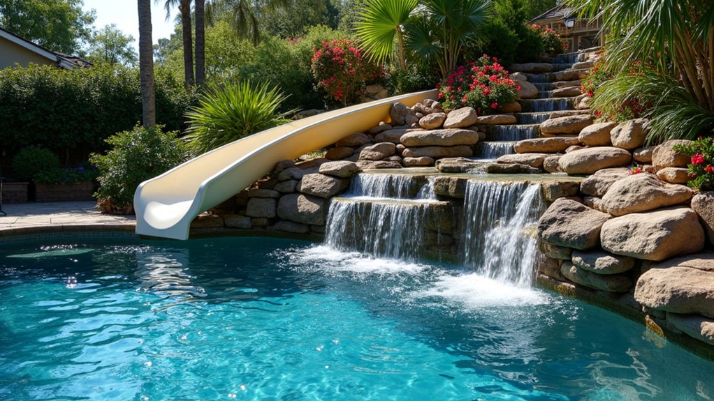 20 Pool Ideas With Slide Additions for Family Fun curved slide with waterfall