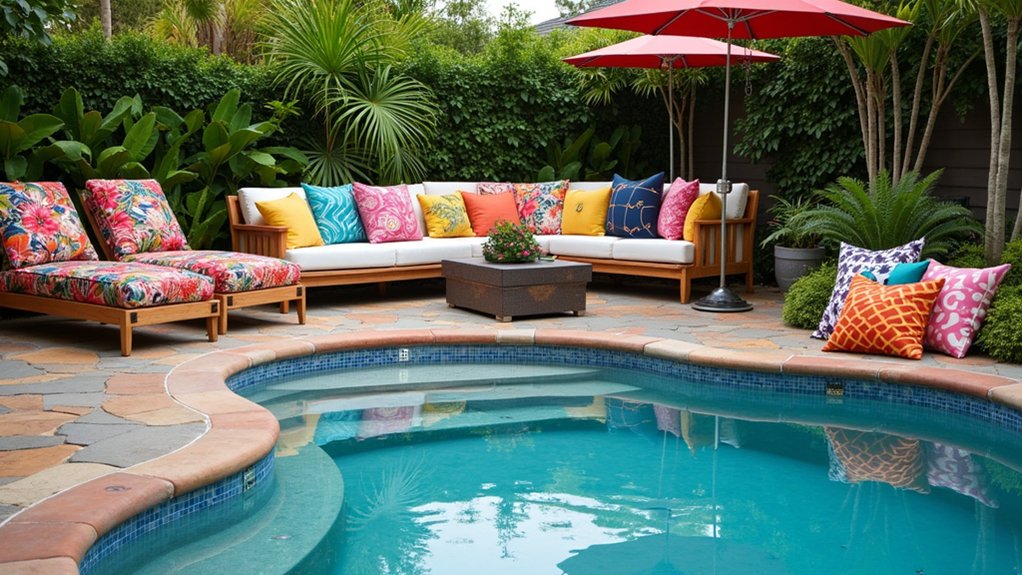 19 Fun Pool Deck Decorating Ideas to Add Personality to Your Space customized vibrant cushion covers