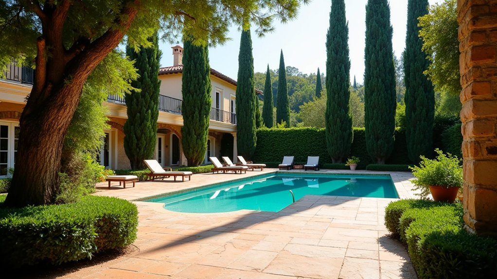 20 Elegant Mediterranean Pool Landscaping Ideas Full of Timeless Charm cypress trees enhance privacy