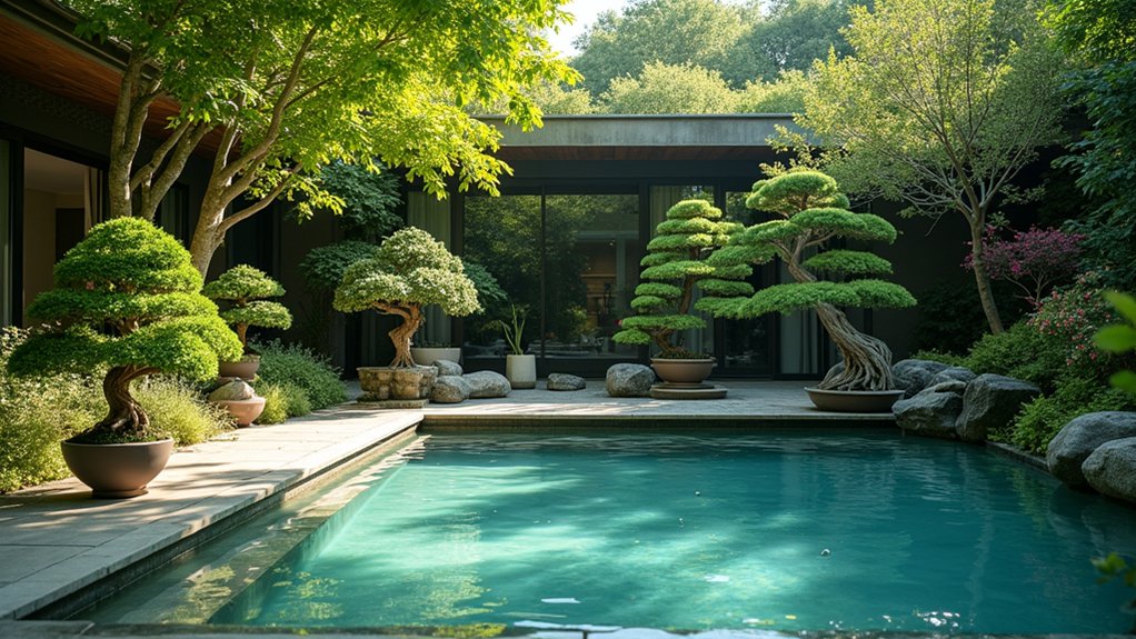 15 Inviting Pool Landscaping With Trees for Shade and Serenity decorative bonsai tree oasis