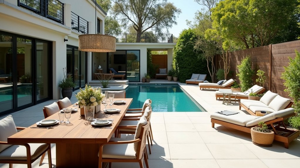 19 Functional Pool Deck Furniture Layout Designs That Maximize Comfort dining and lounging harmony