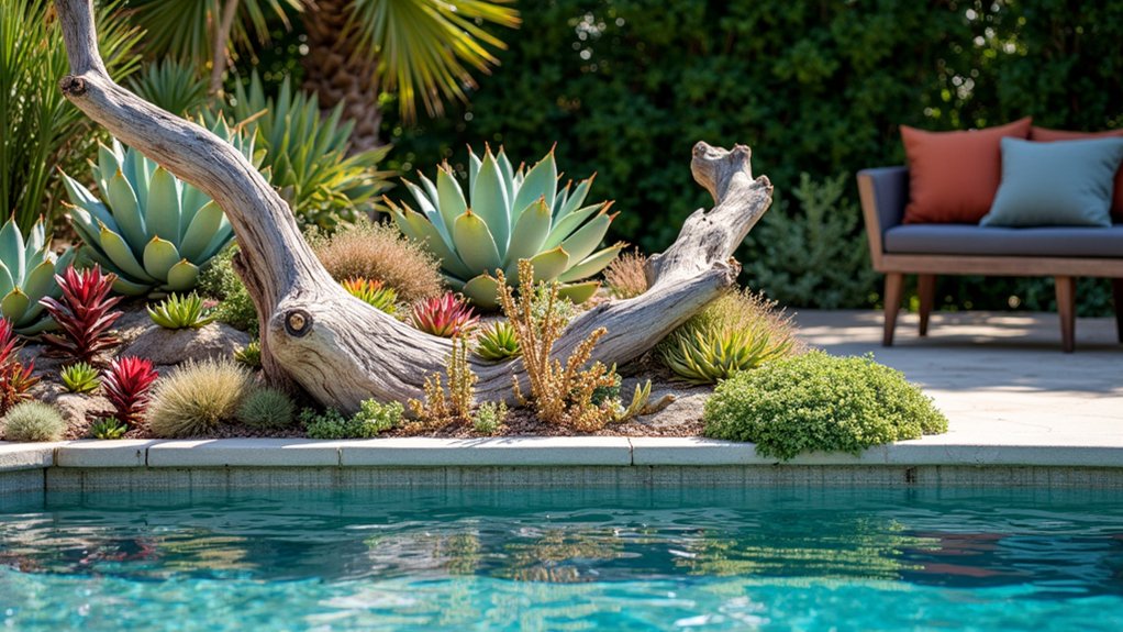 18 Trendy Pool Landscaping With Succulents That Thrive in the Sun driftwood succulent artistic arrangement