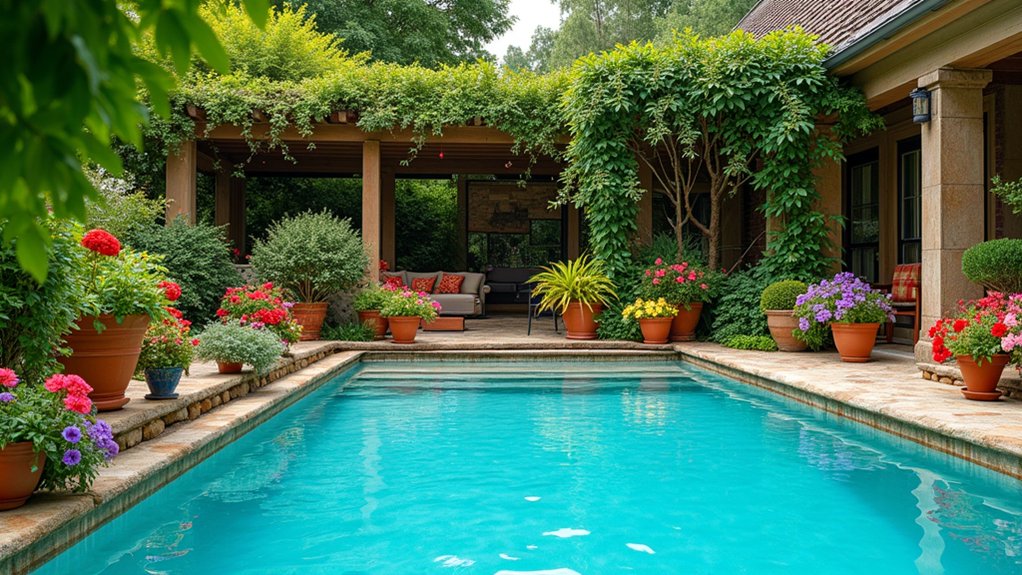 20 Vibrant Pool Landscaping With Flowers to Add Color and Charm dynamic container garden arrangements