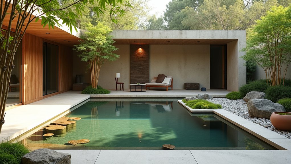 20 Peaceful Zen Pool Landscaping Ideas to Create Calm Outdoors earthy hues for tranquility