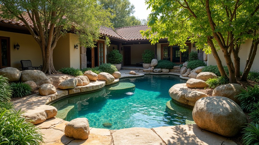15 Bold Pool Landscaping With Boulders That Make a Statement eco friendly serene pool oasis