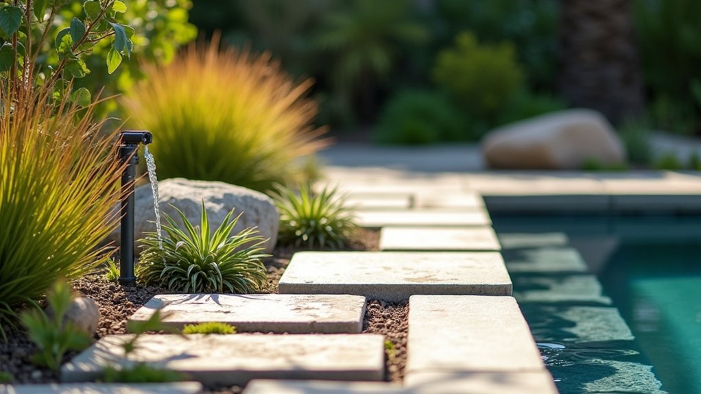 20 Effortless Low Maintenance Pool Landscaping Ideas for Easy Care efficient garden watering solution