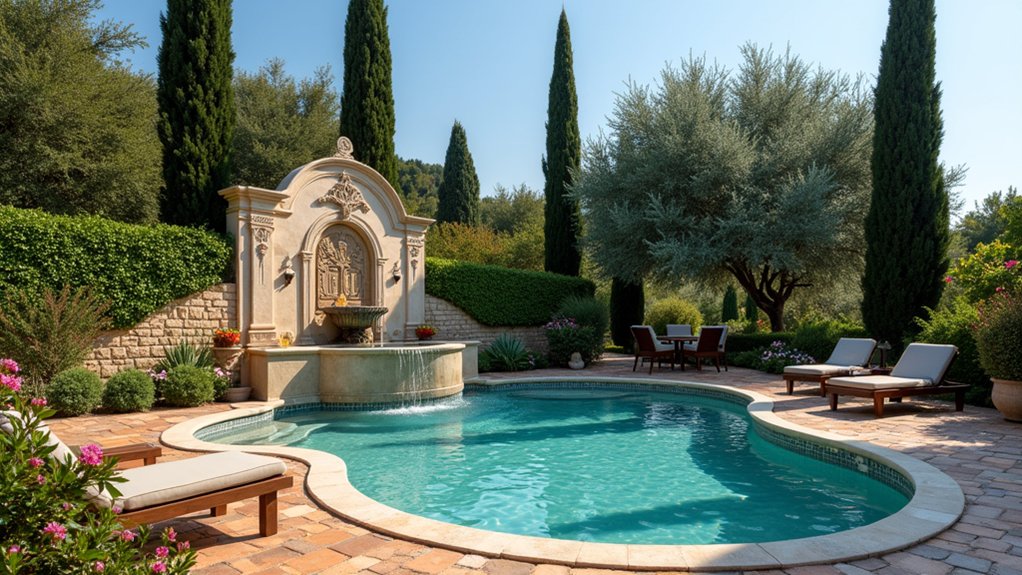 20 Elegant Mediterranean Pool Landscaping Ideas Full of Timeless Charm elegant cascading water fountain