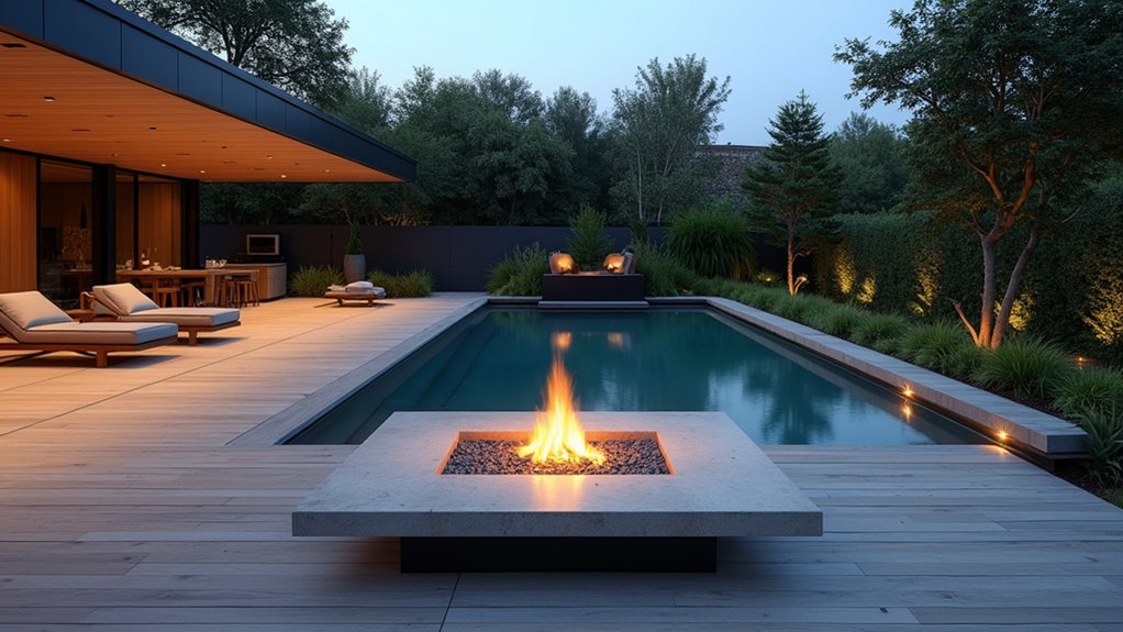 23 Modern Pool Landscaping Ideas That Redefine Backyard Design elegant contemporary fire pit