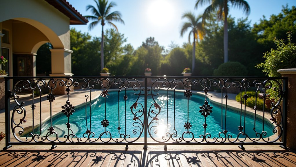 21 Safe and Stylish Pool Deck Railing Ideas to Frame Your View elegant customized wrought iron
