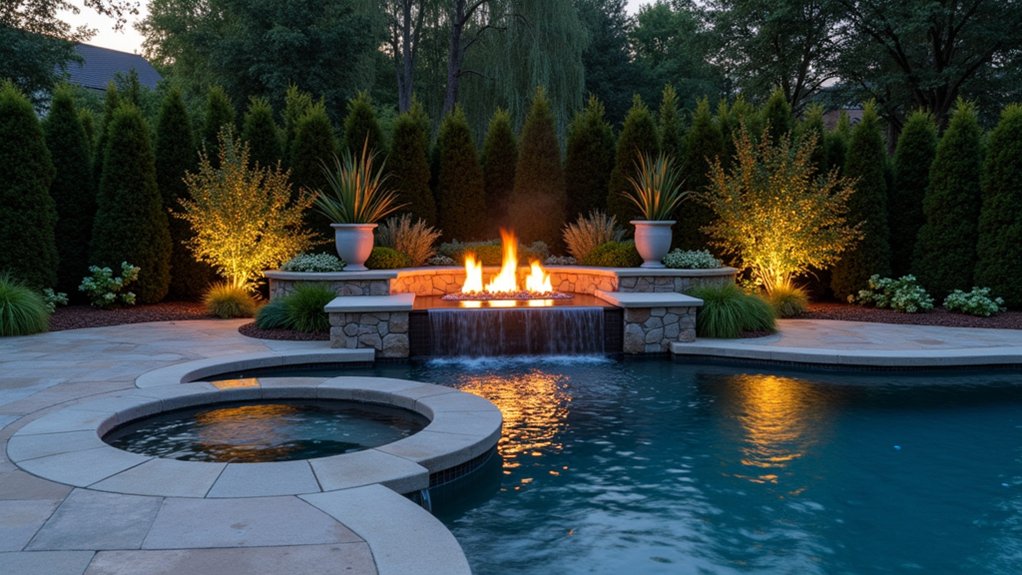 18 Pool Design Ideas With Spa Features for True Luxury elegant fire and water oasis
