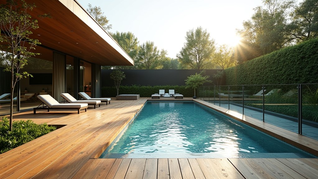 23 Striking Modern Pool Deck Ideas for a Sleek Backyard Finish elegant glass railing accents