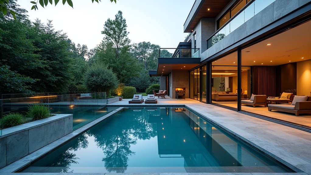 18 Sleek Pool Landscaping With Deck Ideas That Add Seamless Style elegant glass railings enhance views