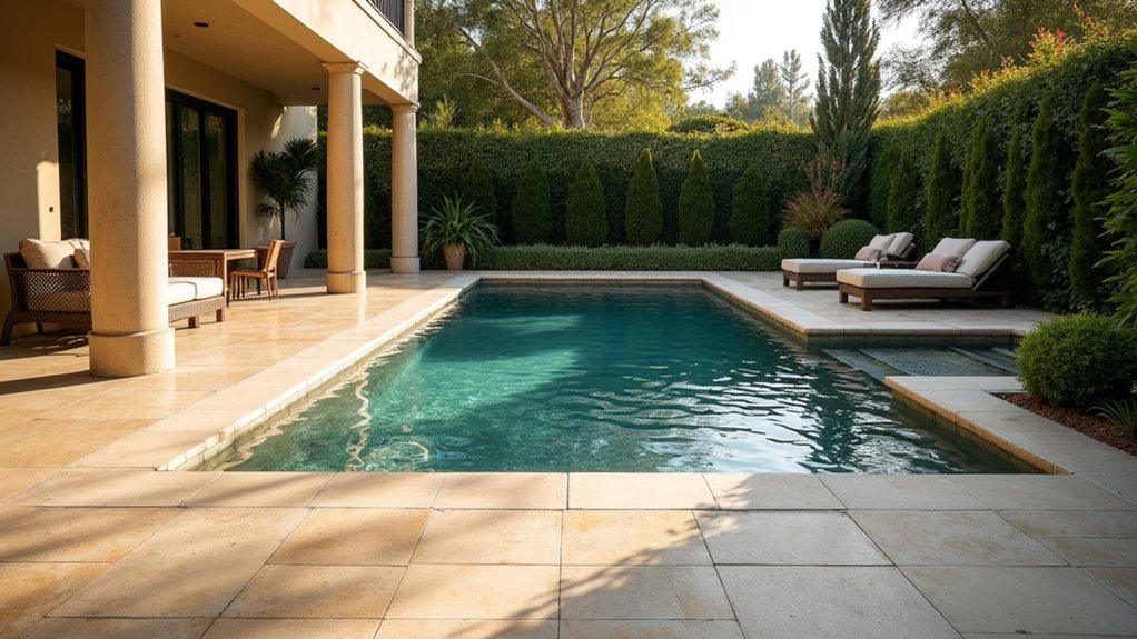 23 Timeless Pool Deck Travertine Ideas for a Luxe Finish elegant herringbone pool deck
