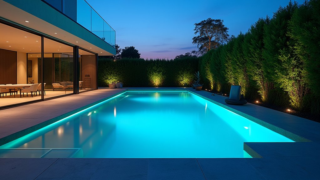 23 Striking Modern Pool Deck Ideas for a Sleek Backyard Finish elegant illuminated nighttime ambiance
