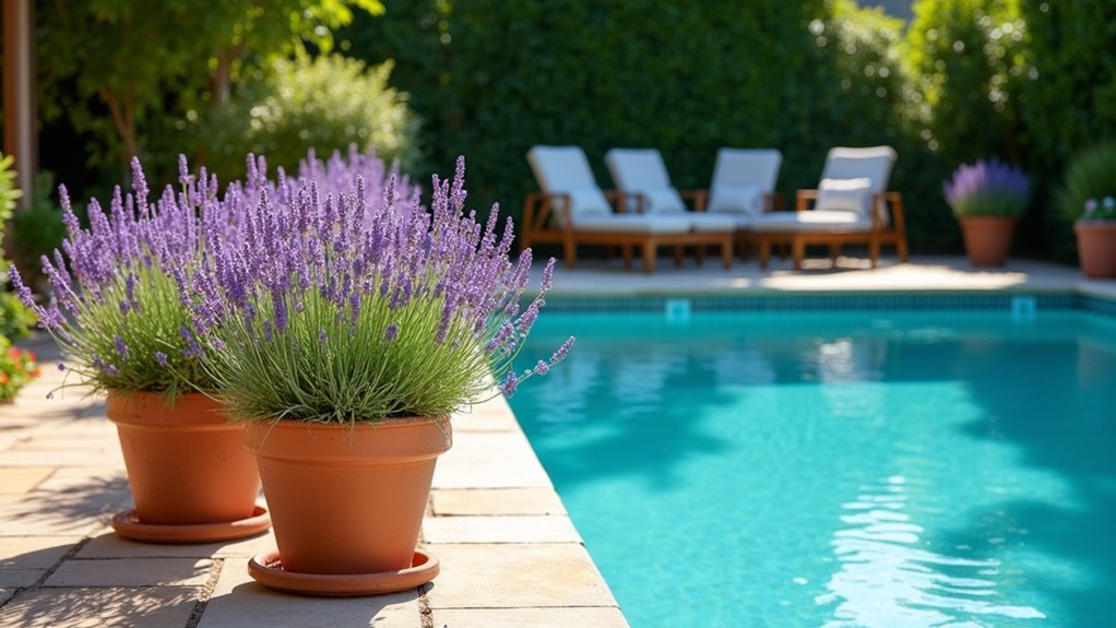 21 Lively Pool Deck Decorating Ideas With Potted Plants for Natural Charm elegant lavender poolside decor