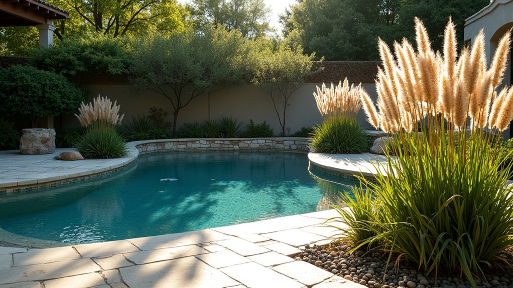 20 Effortless Low Maintenance Pool Landscaping Ideas for Easy Care elegant low maintenance poolside grasses