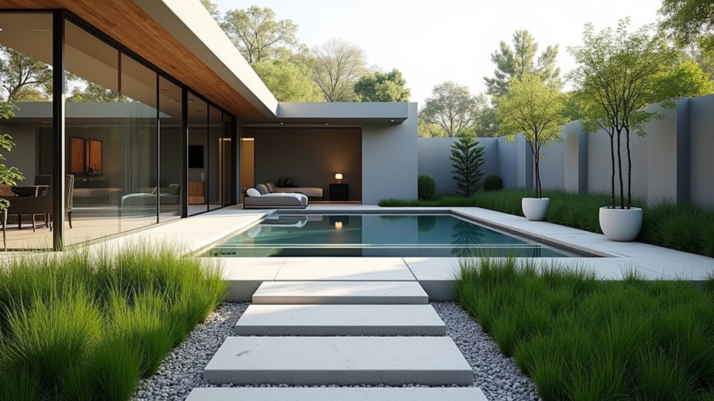 23 Modern Pool Landscaping Ideas That Redefine Backyard Design elegant minimalist pool pathways