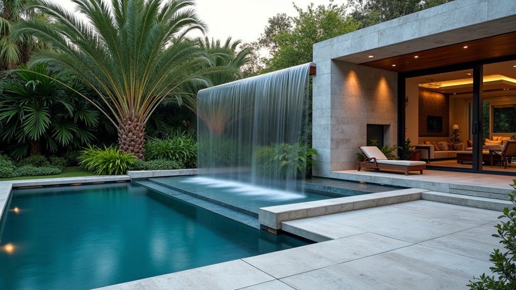 15 Captivating Pool Landscaping Waterfall Ideas That Add Movement and Sound elegant modern water feature