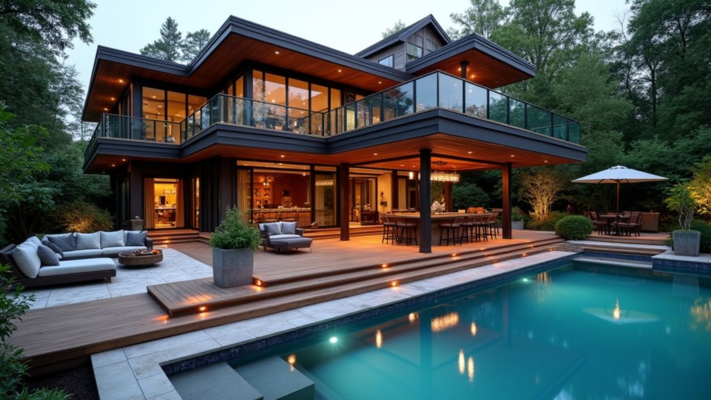 17 Bold Above Ground Pool Deck Multi Level Designs That Add Dimension elegant poolside bar area