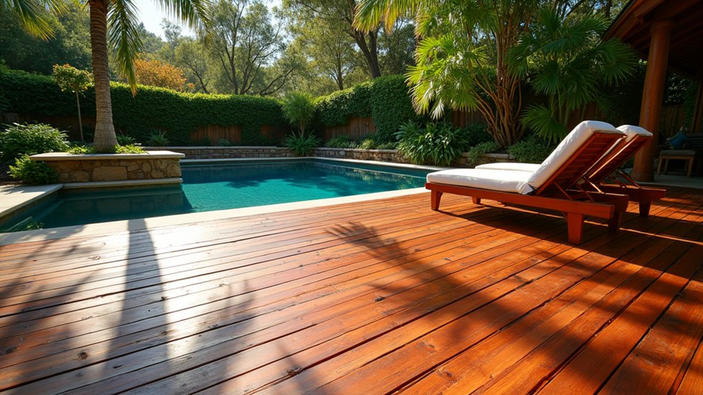 19 Warm Pool Deck Wood Ideas That Feel Inviting and Rustic elegant tigerwood pool deck