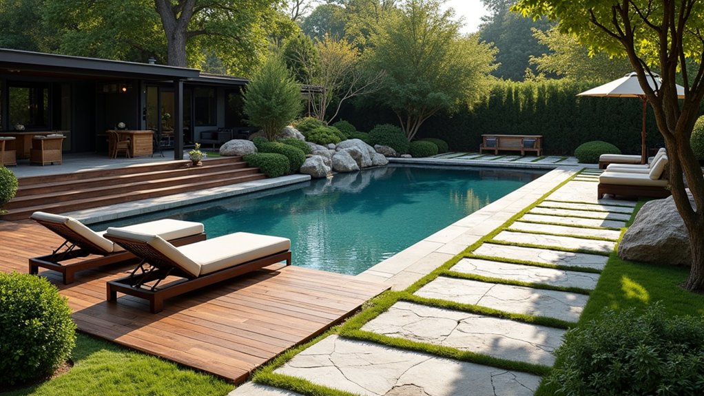 23 Smart Pool Landscaping With Pavers That Upgrade Your Walkways elegant wood and stone combination