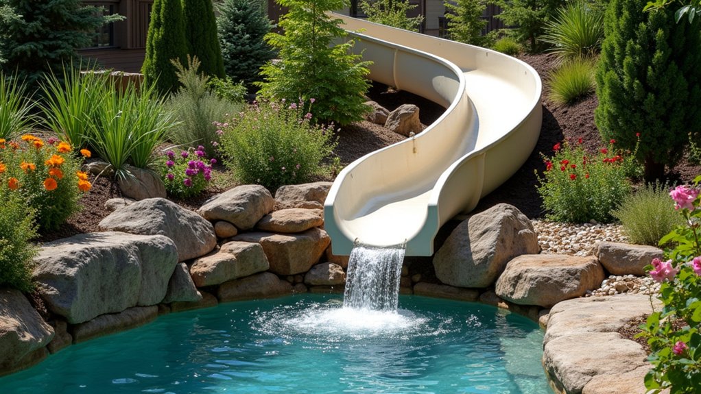 23 Fun Pool Landscaping With Slide Features Kids Will Love enchanted mountain stream adventure