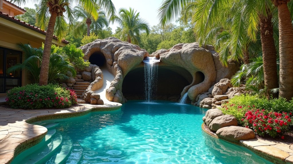 23 Fun Pool Landscaping With Slide Features Kids Will Love enchanted secret cavern adventure