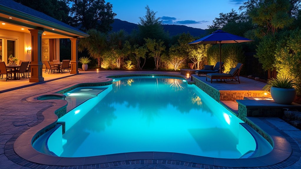 23 Functional Fiberglass Pool Landscape Ideas That Complement the Shape enchanting nighttime backyard lighting