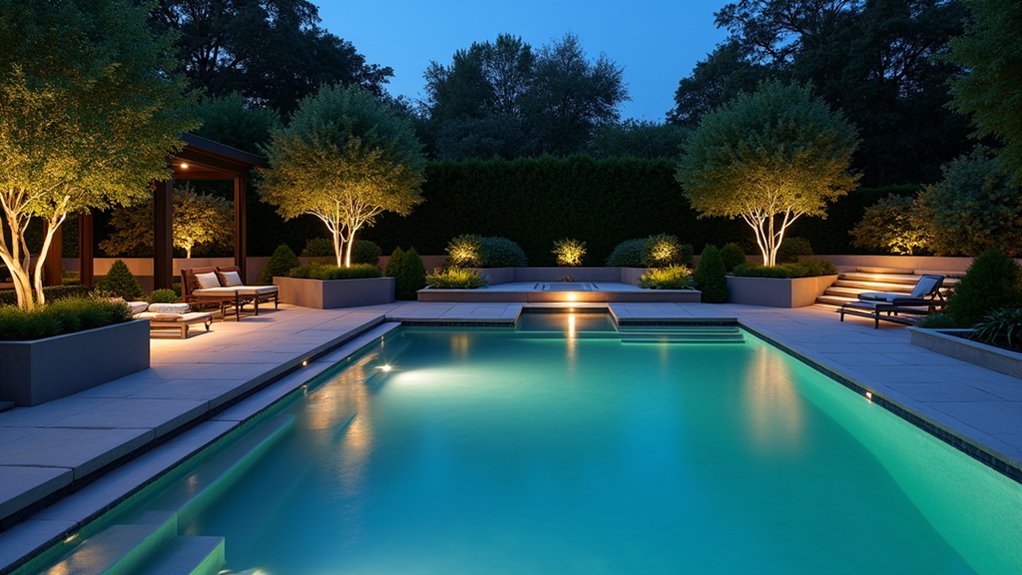 18 Sleek Pool Landscaping With Deck Ideas That Add Seamless Style enchanting nighttime pool ambiance