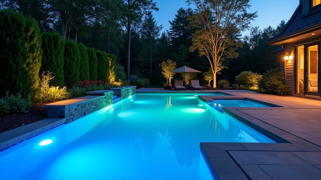 23 Fiberglass Pool Design Ideas That Are Built to Impress enchanting nighttime pool lighting