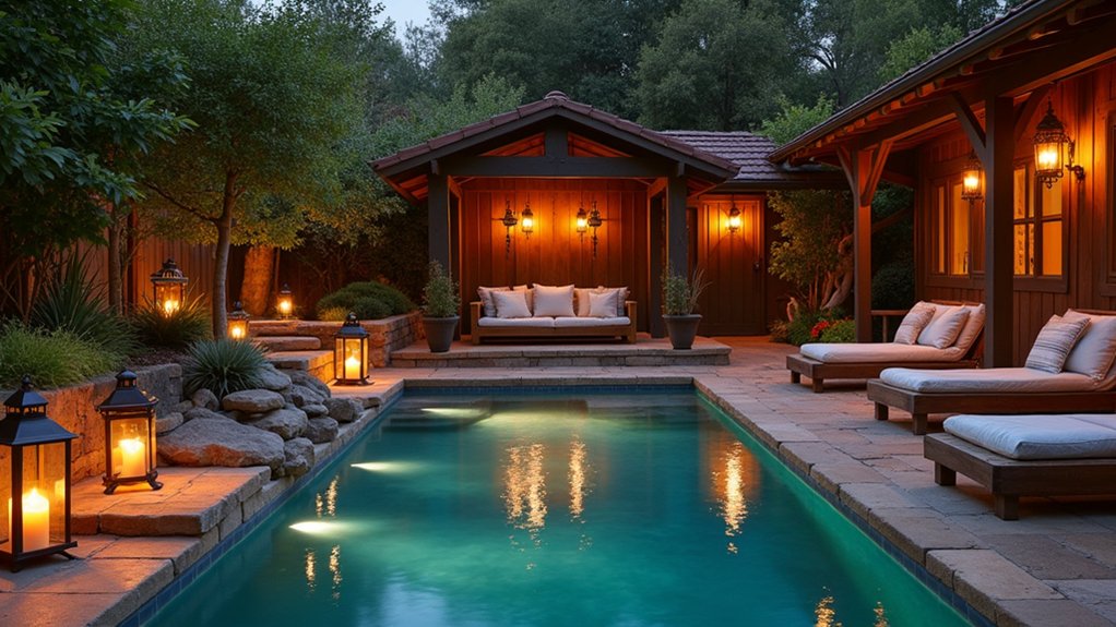 23 Cozy Rustic Pool Landscaping Ideas That Feel Warm and Inviting enchanting poolside ambiance created