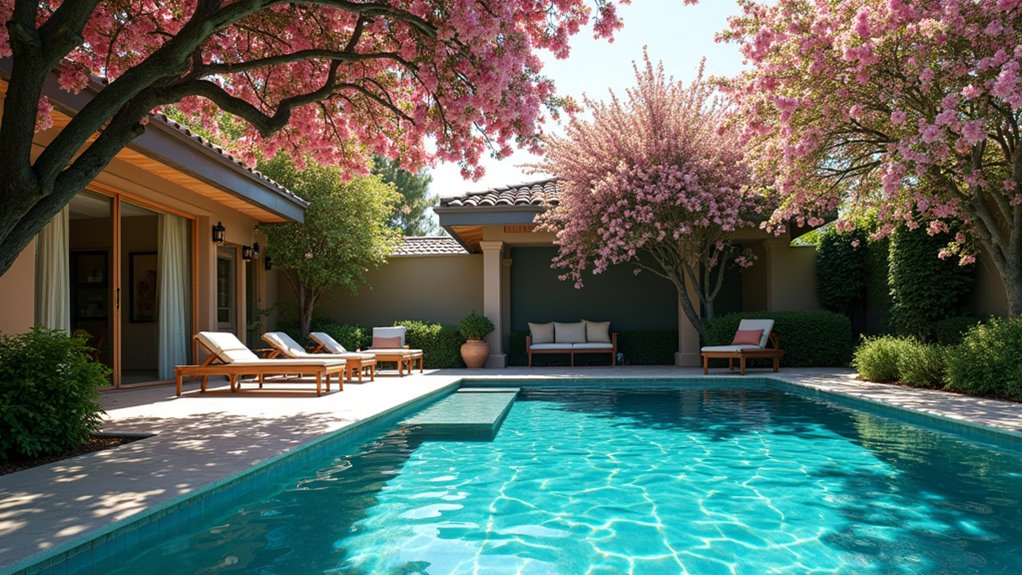 15 Inviting Pool Landscaping With Trees for Shade and Serenity enchanting poolside floral elegance