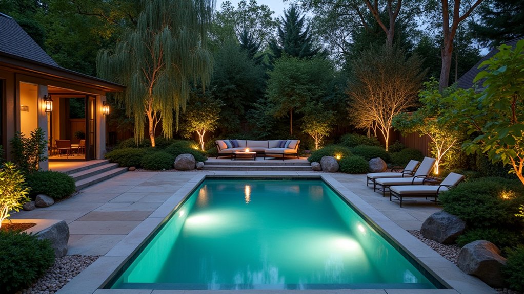 20 Clever Small Backyard Pool Landscaping Ideas That Maximize Space enchanting poolside lighting ambiance
