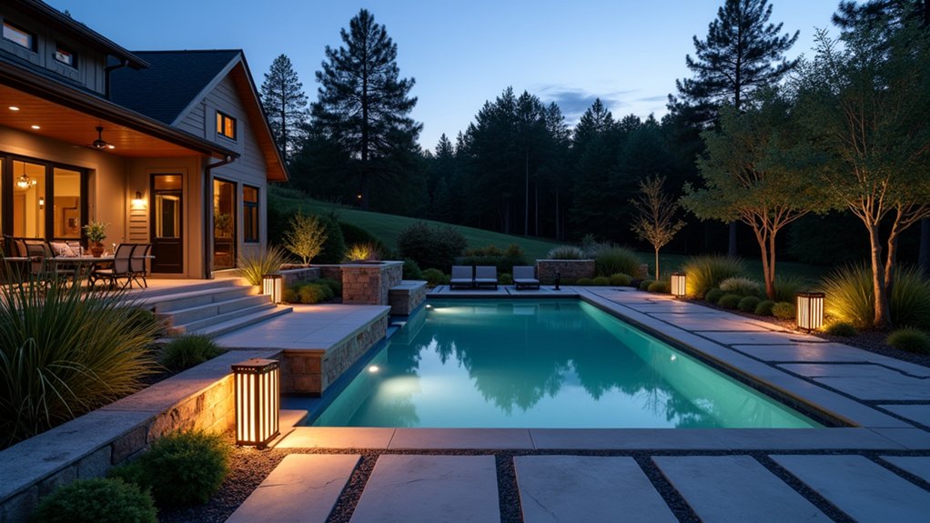 20 Effortless Low Maintenance Pool Landscaping Ideas for Easy Care enchanting poolside lighting options