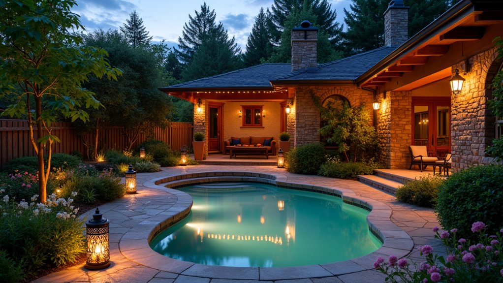 23 Cozy Rustic Pool Landscaping Ideas That Feel Warm and Inviting enchanting rustic lighting ambiance