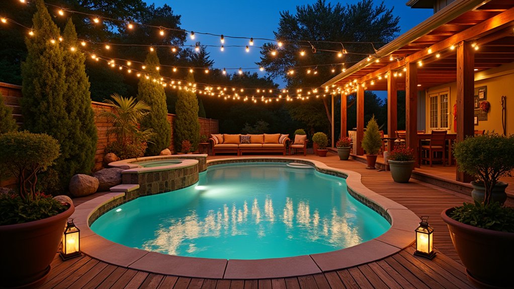 21 Creative Cheap Pool Deck Ideas That Still Shine enchanting string light ambiance