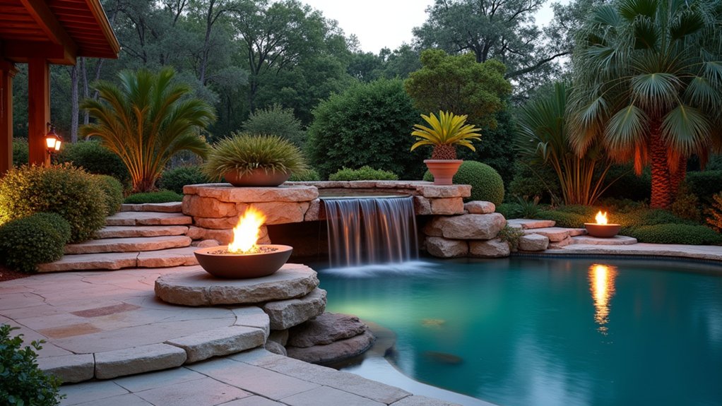 23 Dreamy Pool Ideas With Waterfall Features to Wow Guests enchanting waterfall and fire