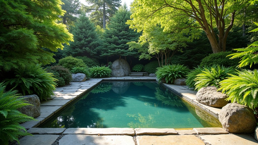 20 Peaceful Zen Pool Landscaping Ideas to Create Calm Outdoors evergreen serenity enhances landscapes