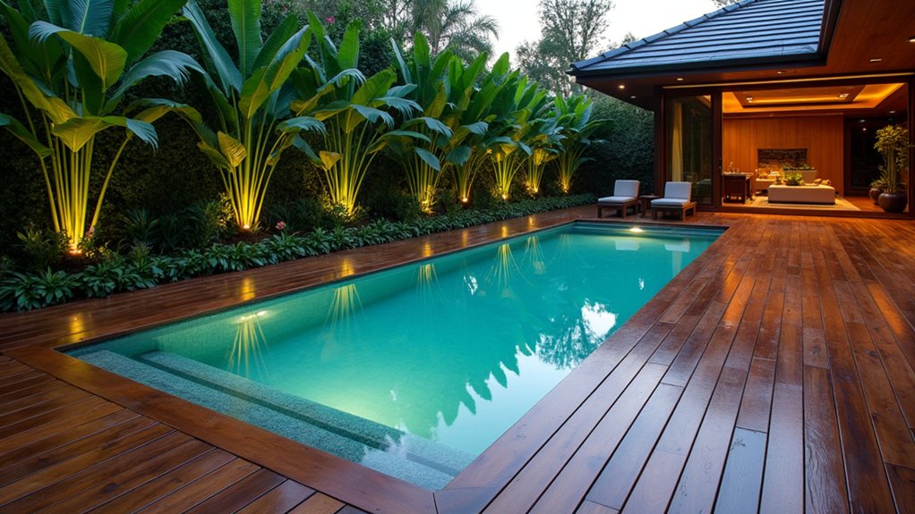 23 Striking Modern Pool Deck Ideas for a Sleek Backyard Finish exotic hardwood poolside elegance