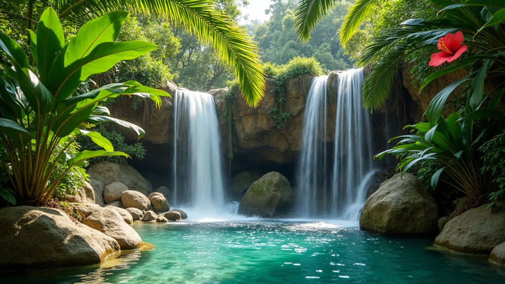 15 Captivating Pool Landscaping Waterfall Ideas That Add Movement and Sound exotic tropical waterfall escape