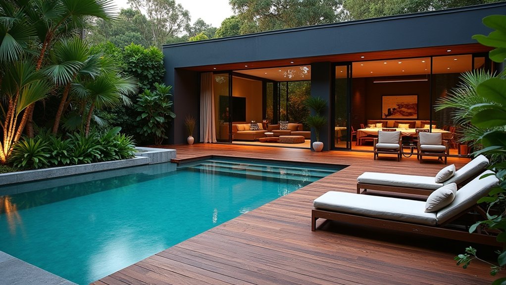 18 Sleek Pool Landscaping With Deck Ideas That Add Seamless Style exotic wood enhances luxury