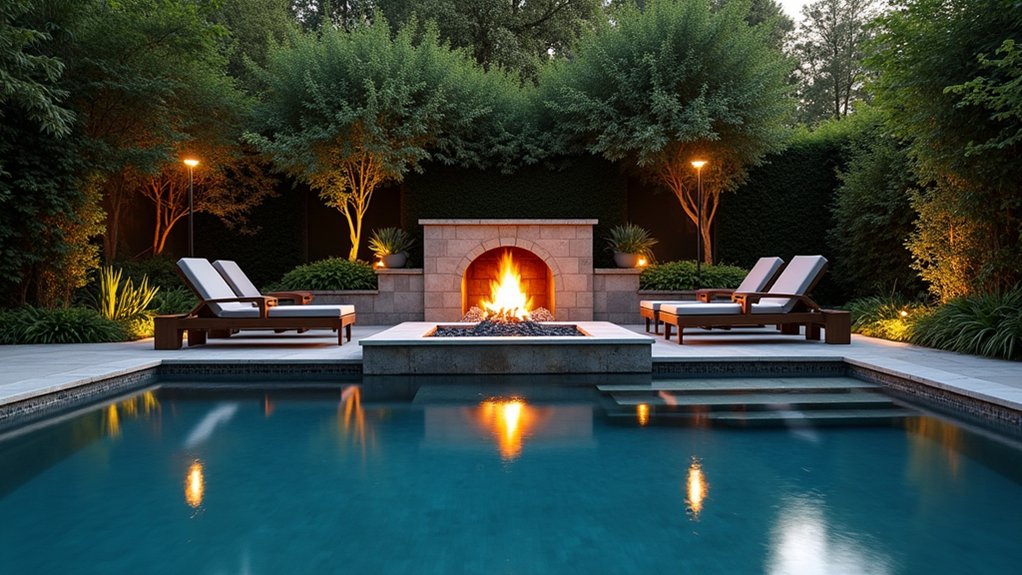 20 Luxury Pool Exterior Ideas That Boost Curb Appeal flickering flames poolside ambiance