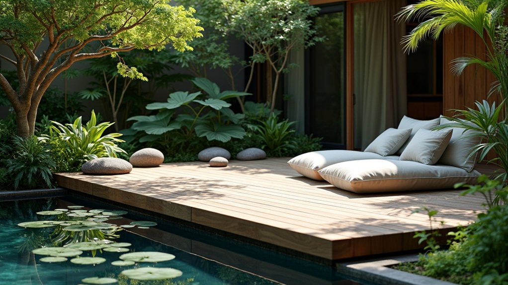 20 Peaceful Zen Pool Landscaping Ideas to Create Calm Outdoors floating deck serenity oasis